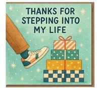 Thank You Card - Thanks for Stepping Into My Life - Shoe and Gift Stack Illustration - Appreciation Card for Stepdad, Stepmum or Partner - Blank Inside with Envelope