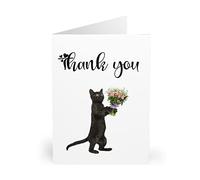 Thank You Card with Black Cat - Appreciation Card for Cat Lovers - Black Cat Holding Flowers Design