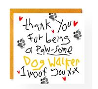 Thank You Dog Walker Card, Fun Paw-some Appreciation Card, Cute Dog Pun, Paw Prints and Hearts, I Woof You, Blank Inside,From Dog