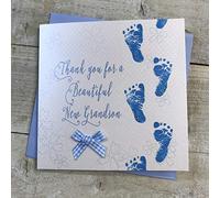 Thank You for A Beautiful New Grandson Handmade Card - Footprints - by WHITE COTTON CARDS WB224-BGS,16cm x 16cm