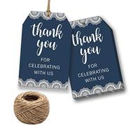 Thank You for Celebrating with Us Tags, 100Pcs Navy Blue Thank You Gift Tags for Wedding, Birthday, Baby Shower Party Favors, Paper Gift Tags with 100 Feet Natural Jute Twine.