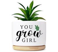 Thank You for Helping Me Grow Succulent Planter Pots with Bamboo Tray, Indoor Planter for Women, Men, Friends, Coworker,Housewarming Gift - Not Include Plant (You Grow Girl)