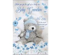 Thank you For The Gift of A Lovely New Baby Grandson Card - Large Multi-Page Insert with Verse - 27x17cm - Blue Teddy & Butterfly Design