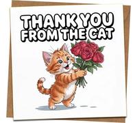 Thank You From The Cat Card - Cute Kitten with Roses - 145mm x 145mm Square Greeting Card with Kraft Envelope, Funny Cat Lover Pet Owner Thank You Note