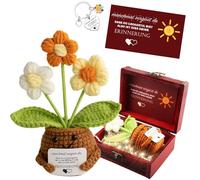 Thank You Gifts Small - Pocket Hug German Positive Knitted Multicoloured Bouquet with Keyring & Greeting Card in Vintage Treasure Chest - Lucky Charm for Friends Colleagues Parents (A)