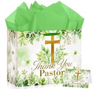 Thank You Pastor Gift Bag with Tissue Paper, Religious Christian Present Bag with Handles, Gold Cross and Sage Green Botanical Eucalyptus Theme Church Celebration Wrapping Set
