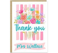 Thank You Personalised Teacher Card Name Banner - Cute Female Teacher Teaching Assistant - Designs Apple Crayon Pencil Flower - Nursery Primary Appreciation School Cards