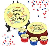 Thank You Teacher - Design 3-8 INCH Cake or Cupcake Icing Toppers - Thanks School Cake Decorations Perfect For Brownies Cookies Muffins & More! (24 x Circle Cupcake Toppers (4cm x 4cm))
