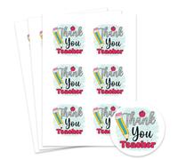 Thank You Teacher Round Stickers - 88mm Paper Stickers for End of Term Gifts, Scrapbooks, Cards - Pack of 6 on A4 Sheet