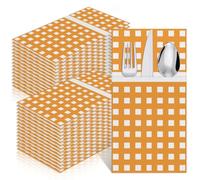 Thank You Wedding Napkins Blue and White Floral Cocktail Napkins for Guest Reception Disposable Dinner Tissues with Pocket for Bridal Shower Banquet Engagement Party Supplies (100, Orange Checkered)