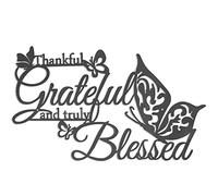 Thankful Grateful and Truly Blessed Art Word Wall Sign Decor, Black Metal Hanging Wall Home Decoration with Butterflies, Iron Letters Sculpture Bedroom Living Room Kitchen (A)