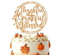 Thankful Grateful Blessed Cake Topper, Happy Thanksgiving, Give Thanks, Thanksgiving Party Decorations Orange Glitter