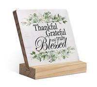 Thankful Grateful Blessed Greenery Wood Plaque with Wooden Stand,Rustic Positive Christian Wooden Plaque Sign Desk Decor for Home Office Church Table Shelf Decoration