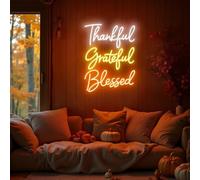 Thankful Grateful Blessed Neon Sign, Autumn LED Wall Light, Fall Harvest Decor, Thanksgiving Neon Light Signs Wall Art Party Decoration 5V USB Powered with Hanging Chain and Dimmable Switch