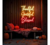 Thankful Grateful Blessed Neon Sign, Autumn LED Wall Light, Fall Harvest Decor, Thanksgiving Neon Light Signs Wall Art Party Decoration 5V USB Powered with Hanging Chain and Dimmable Switch