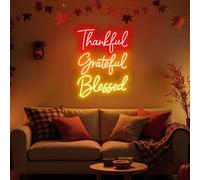Thankful Grateful Blessed Neon Sign, Autumn LED Wall Light, Fall Harvest Decor, Thanksgiving Neon Light Signs Wall Art Party Decoration 5V USB Powered with Hanging Chain and Dimmable Switch
