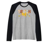 Thankful Teacher Thanksgiving Fall Pencil Bow Teaching Raglan Baseball Tee
