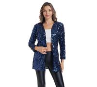 THANKPEARL Women's Sequin Jacket Long Sleeve Open Front Blazer Glitter Sparkly Coat Party Casual Cardigan, Navy Blue, Large