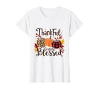 Thanksgiving Autumn Fall Pumpkin Thankful Grateful Blessed Value Graphic T-Shirt, Women, White, S