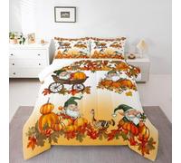 Thanksgiving Autumn Kids Comforter Set King Size,Gnome Fall Harvest Pumpkin Bedding Set,Boys Girls Room Decor,Turkey Maple Leaves Down Comforter,Orange Duvet Insert,2 Pillowcases