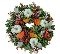 Thanksgiving Autumn Wreath Frame for Front Door Outside丨13 inch White Pumpkins Ranunculus Wreath Fall Decor for Front Door 丨Halloween Christmas Wreath Garden Home Decorations Festival