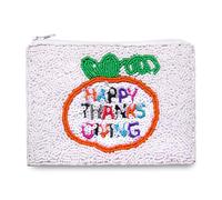 Thanksgiving beaded Coin Purse Fall Autumn Happy Thanksgiving Pumpkin Wallet Pouch Small with Zipper Thanksgiving Festive Holiday Accessory, white, Happy Thanksgiving
