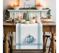 Thanksgiving Blue Pumpkin Stripes Table Runner 72 Inches Long, Fall Farm Leaf White Back Washable Table Runners Heat-Insulation Kitchen Dining Table Decorations for Home Party Decor 13x72in