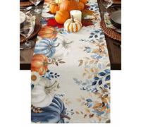 Thanksgiving Blue White Pumpkin Table Runner 120 Inches Long for Kitchen Dining, Fall Eucalyptus Leaves Dresser Scarf Farmhouse, Autumn Dining Table Decorations for Wedding/Parties, 13 x 120 in