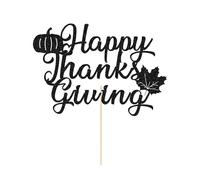 Thanksgiving Cake Topper Double-Sided Glitter Maple Leaf Pumpkin Happy Thanksgiving Cake Decoration for Fall Harvest Thanksgiving Pumpkin Party Decorations Supplies (Black)