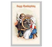 Thanksgiving Card - Rare Vintage Old Fashioned Cute Pilgrim Kids Design - Quality Special Happy Traditional Greetings - Family Friends Corporate Clients - Blank Inside to Write own Message