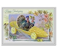 Thanksgiving Card - Rare Vintage Old Fashioned Funny Corn Car Design - Quality - Special Happy Traditional Greetings - Family Friends Corporate Clients - Blank Inside to Write own Message