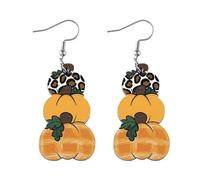 Thanksgiving Cute Pumpkin Wooden Dangle Earrings for Women Polka Dotted Pumpkin with Flower Pendant Drop Earrings Jewelry Gift, Zinc, No Gemstone