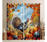 Thanksgiving Day Window Curtains Cartoon Turkey Pumpkins Maple Leaf Window Drapes,Fall Harvest Window Treatments,Kids Boys Girls Room Decor,Grommet Top 2 Panel Set Bedroom Curtains, 46Wx54L inch