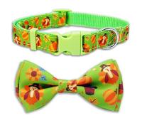 Thanksgiving Dog Collar with Bow Tie - Adjustable Green Pet Collar with Cute Turkey, Pumpkin & Fall Leaves Pattern - Festive Holiday Accessory for Small Medium Large Dogs