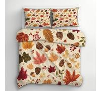 Thanksgiving Duvet Cover Double Bedding Set, Autumn Fall Leaves Pattern, Reversible Design Bedroom Decor Bed Quilt Cover with 2 Pillowcases, Microfiber, Zip - SMK2432O