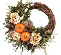Thanksgiving Entryway Wreath with Pumpkin Base Maple Leaf Weave and Eucalyptus Accents for Traditional Decor (45 Cm)