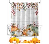 Thanksgiving Fall Shower Curtain, Sage Green/Grey Pumpkins, Waterproof Polyester, 72x72", with Hooks & Eucalyptus Decor