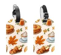 Thanksgiving Fallen Leaves and Autumn Flower Elements Luggage Tags for Suitcase, 2 Pack Leather Baggage Identifier with Privacy Flap and Name ID Label for Women Men Travel
