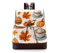 Thanksgiving Fallen Leaves and Autumn Flower Elements Women Laptop Backpack, PU Leather Daypack Fashion Rucksack Travel Shoulder Bag