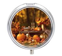 Thanksgiving Golden Fall Pill Box Cute Round Pill Case Portable Medicine Tablet Vitamin Holder Organizer for Purse Pocket
