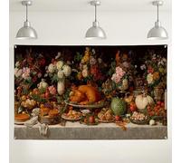 Thanksgiving Gourmet Feast Backdrop, Autumn Harvest Floral Decorations, Festive Table Setting Background for Family Gatherings, Seasonal Holiday Photography 71x43 Inch