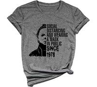Thanksgiving Halloween 1978 T-Shirts Women Funny Pumpkin Haddonfield Vintage Horror Movie Michael Myers Graphic Tee Tops, Grey5, L