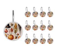 Thanksgiving Hat Pumpkins Feathers Dried Corn and Leaves Rustproof Shower Curtain Hooks, Stainless Steel Shower Curtain Rings Hangers for Bathroom Window Curtains, 12 Pack