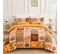 Thanksgiving Patchwork Duvet Cover Set,Pumpkin Sunflower Duvet Cover King Size,Fall Farm Comforter Cover,Autumn Harvest Themed Polyester Bedding Set