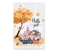 Thanksgiving Pink Farm Truck Metal Sign Pumpkin Gnome Maple Leaf Tin Sign Hello Fall Sign Rustic Farmhouse Tiered Tray Decor Hostess Gift for Neighbor Friends Family 12x8in
