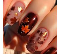 Thanksgiving Press On Nails Square Short Glossy Full Covers Acrylic False Nails with Maple Leaves Constructions 24 Pieces Artificial Nail