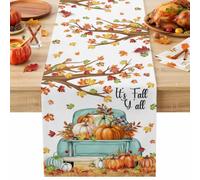 Thanksgiving Pumpkin Teal Farm Truck Table Runner 72 Inches Long,Table Runners Kitchen Dining Tables Decoration for Home Party Decor, Fall Orange Maple Leaves Tables Runner Wedding Dresser Scarf