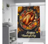Thanksgiving Turkey Bath Curtain Autumn Harvest Bathroom Decor 150x180cm | Happy Holiday Dinner Feast Pumpkin Berries Plate Art Water Repellant Wetroom Curtain Easy To Clean Quick-Drying with hooks
