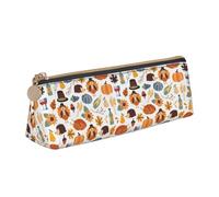 Thanksgiving Turkey Hedgehog Fall Leaves Pattern Leather Pencil Case Zipper Pen Case Pouch Waterproof Travel Makeup Pouch Large Capacity for Women Men