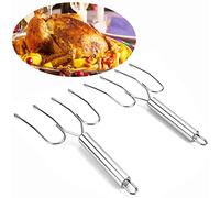 Thanksgiving Turkey & Roast Lifters, Stainless Steel Roaster Forks, Transfer Chicken or Ham Poultry Lifters Easily, Four Needle Meat Fork, Set of 2